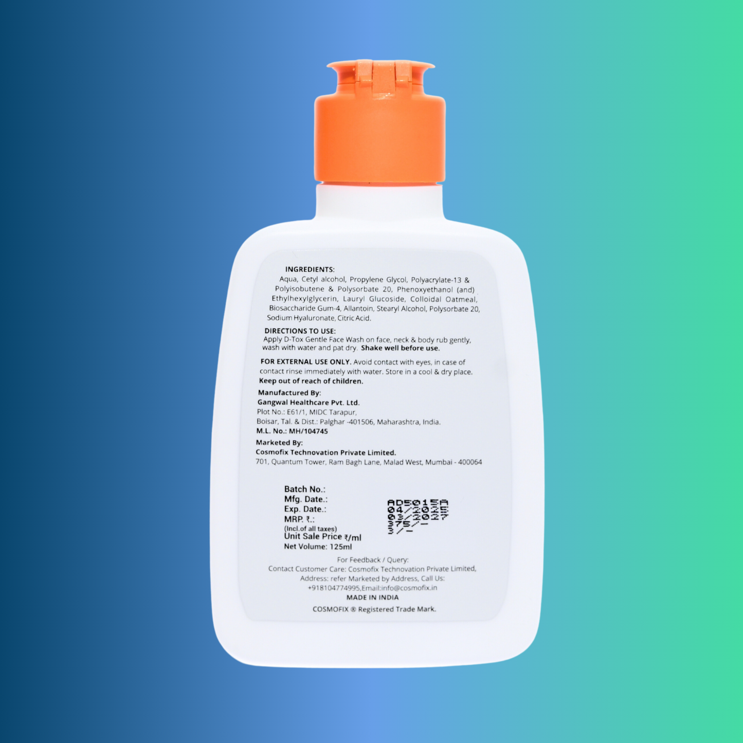 Cosmofix D-TOX Gentle Face Wash | Anti-Pollution Cleanser with Sodium Hyaluronate & Oatmeal | 125ml