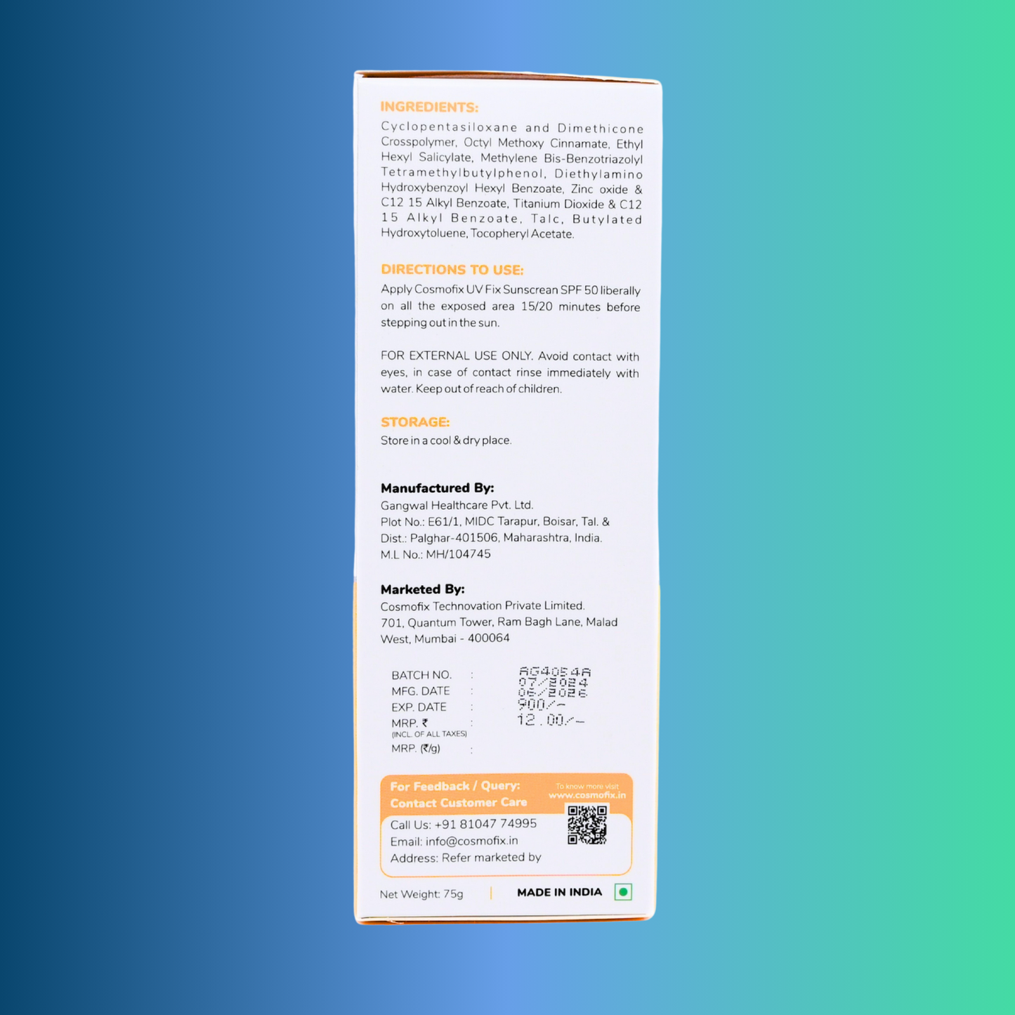 Cosmofix UV FIX Sunscreen | SPF 50+ PA++++ | Gel-Based, Matte Finish | UVA + UVB Protection