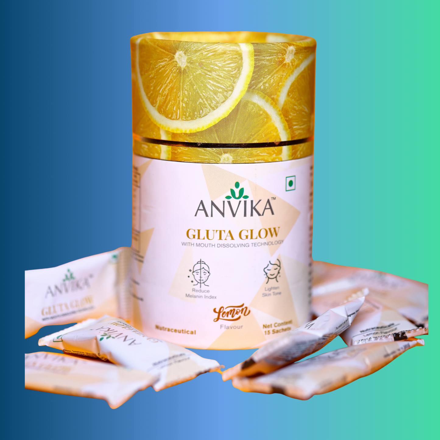 Anvika Wellness Gluta Glow – Mouth Dissolving Glutathione Sachets for Skin Brightening – Lemon Flavour – 15 Sachets
