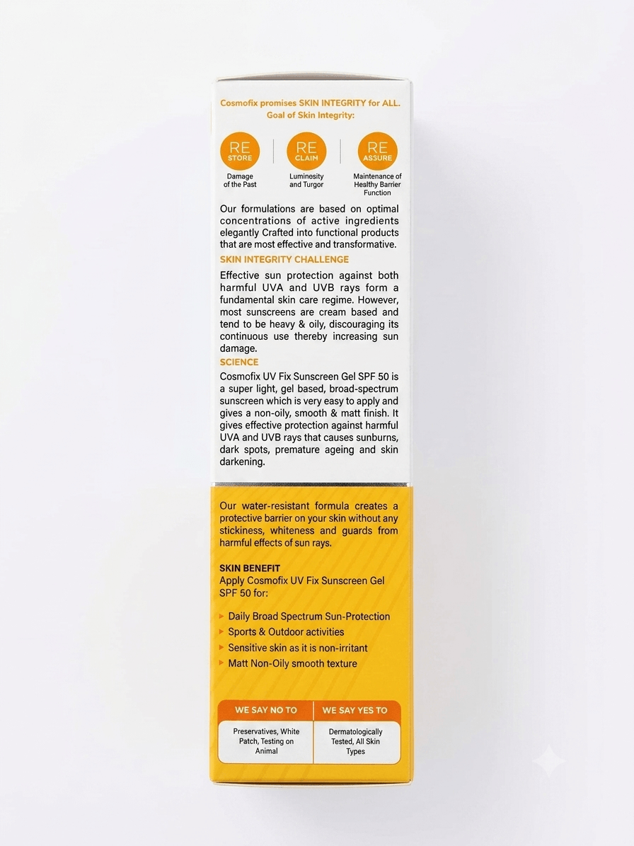 Cosmofix UV FIX Sunscreen | SPF 50+ PA++++ | Gel-Based, Matte Finish | UVA + UVB Protection