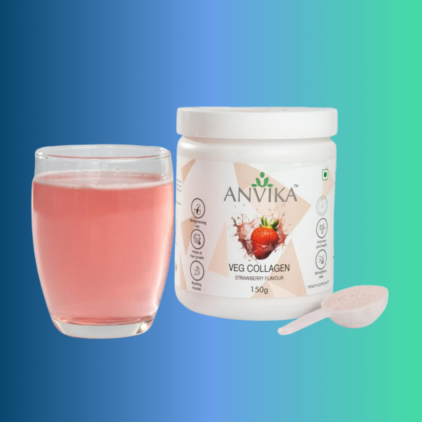 Anvika Veg Collagen – Strawberry Flavour | 150g | Supports Hair, Skin & Joint Health