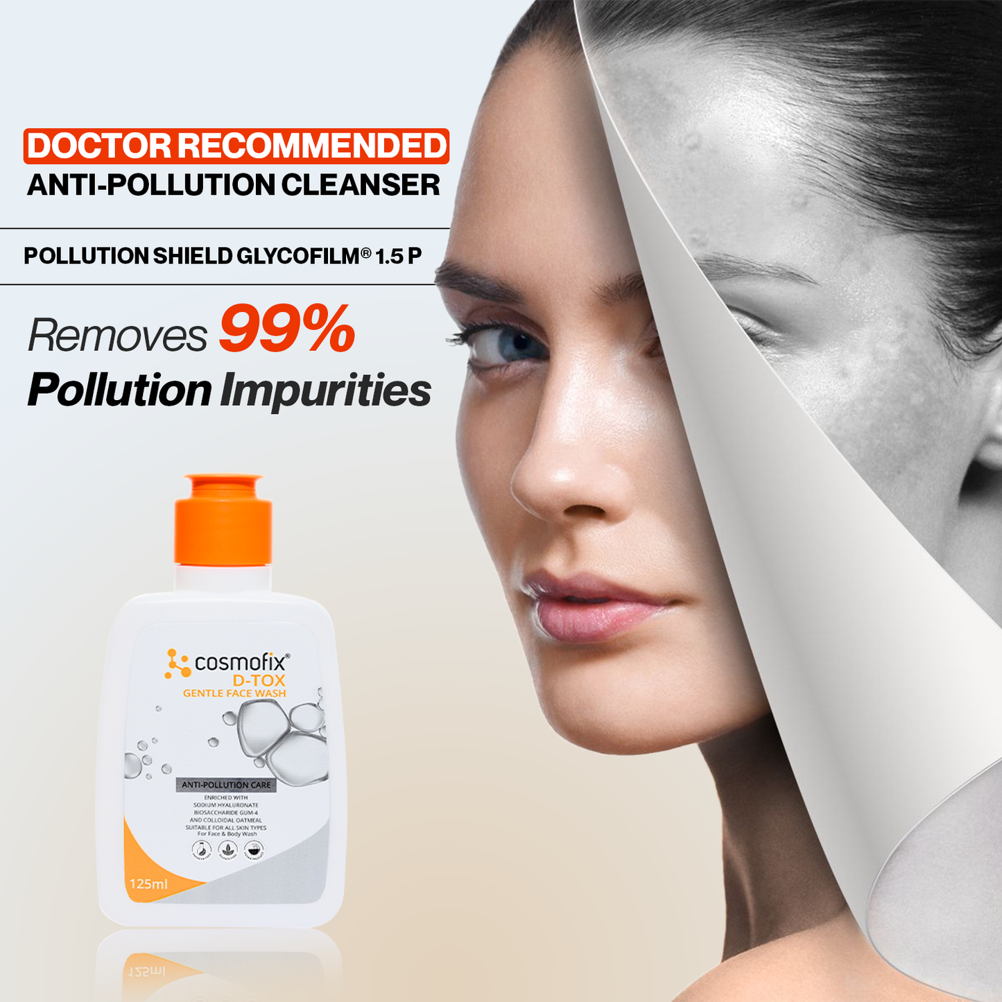 Cosmofix D-TOX Gentle Face Wash | Anti-Pollution Cleanser with Sodium Hyaluronate & Oatmeal | 125ml