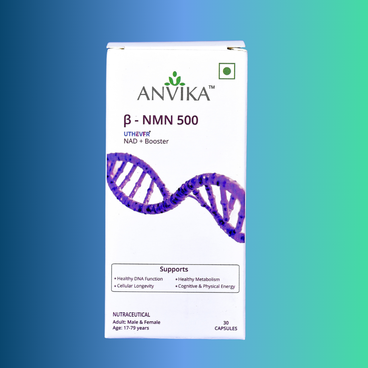 Anvika β-NMN 500 – Uthever® NAD+ Booster Capsules for DNA, Energy & Longevity – 30 Capsules