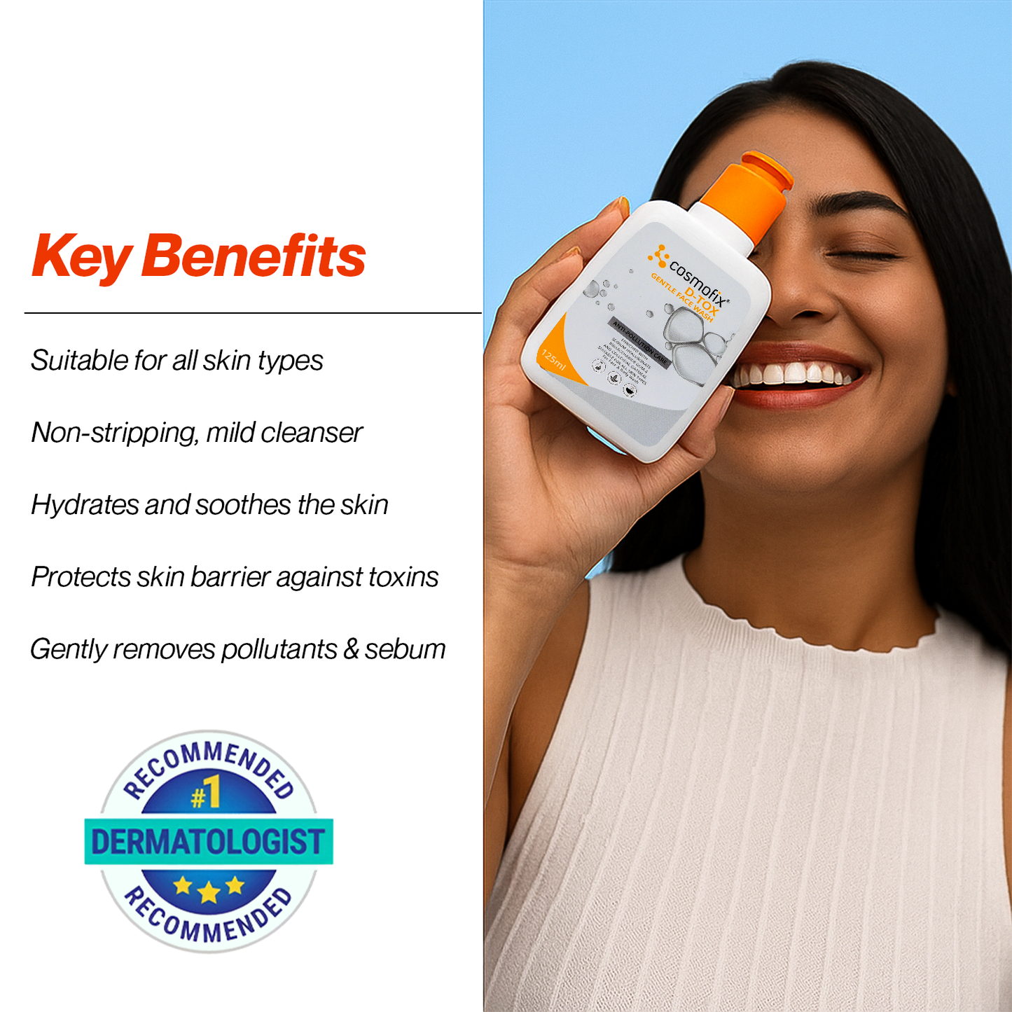 Cosmofix D-TOX Gentle Face Wash | Anti-Pollution Cleanser with Sodium Hyaluronate & Oatmeal | 125ml