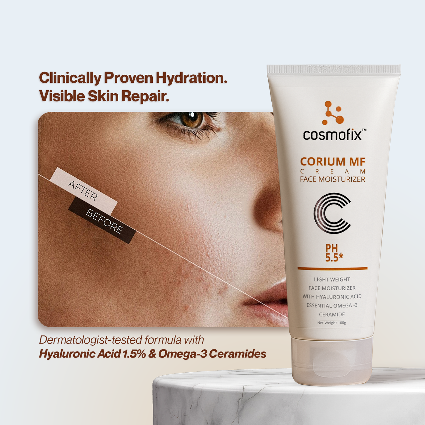 Cosmofix Corium MF Face Moisturizer | With Hyaluronic Acid & Omega-3 Ceramide | Lightweight, pH 5.5 Barrier Repair | 100g