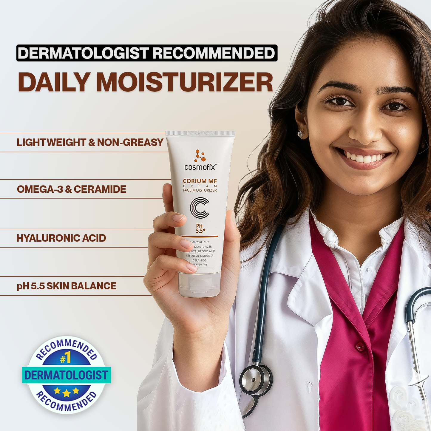 Cosmofix Corium MF Face Moisturizer | With Hyaluronic Acid & Omega-3 Ceramide | Lightweight, pH 5.5 Barrier Repair | 100g