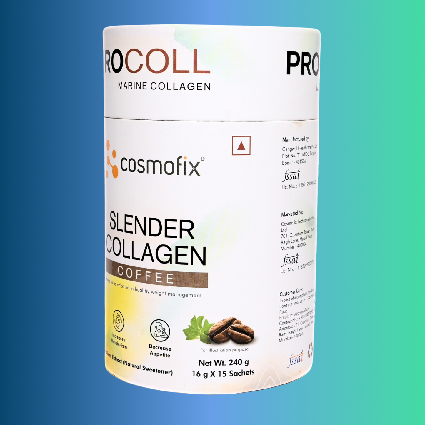 Cosmofix Procoll Slender Collagen Coffee – Marine Collagen for Weight Loss, Skin & Metabolism | 240g (15 Sachets)