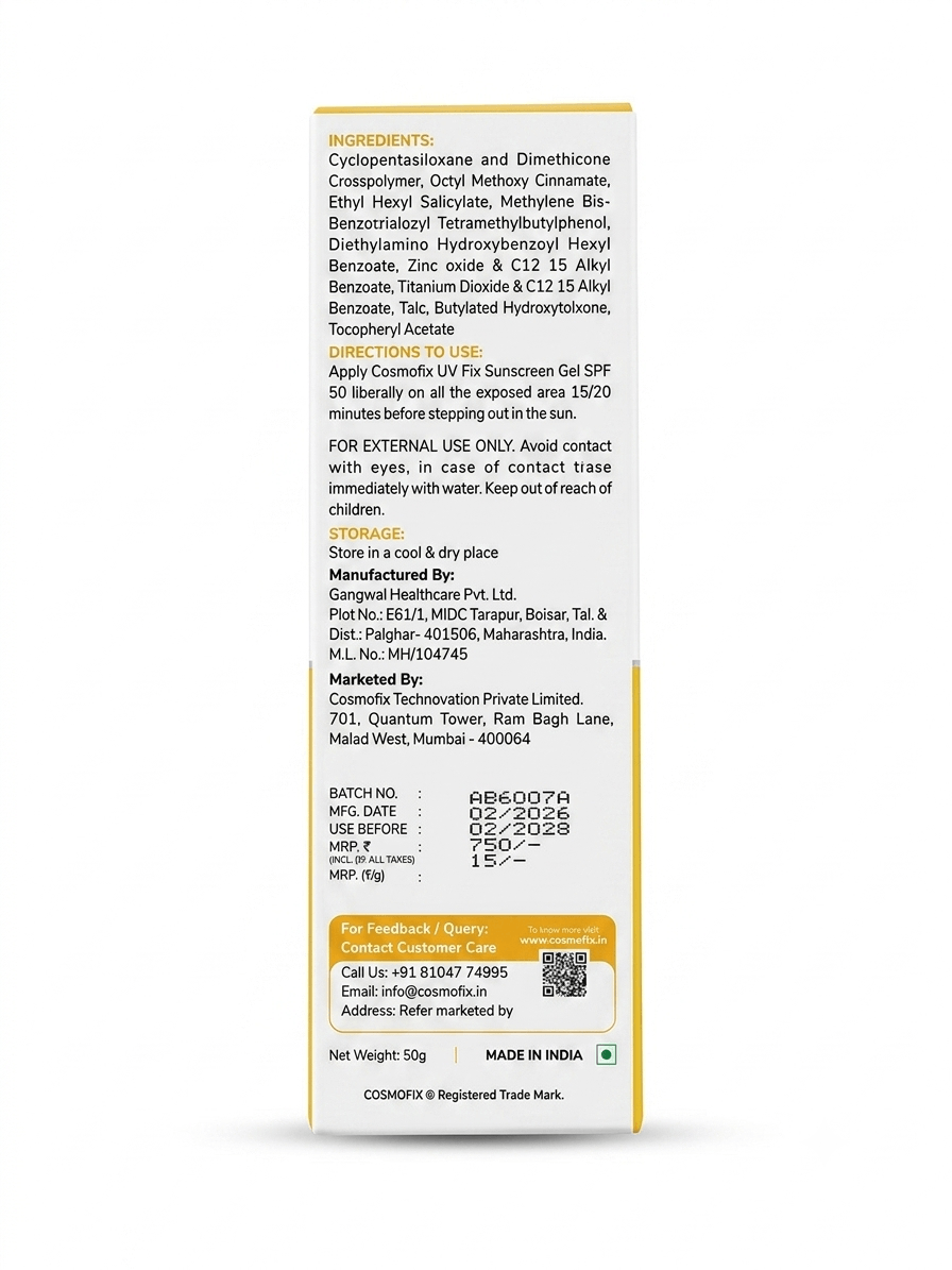 Cosmofix UV FIX Sunscreen | SPF 50+ PA++++ | Gel-Based, Matte Finish | UVA + UVB Protection