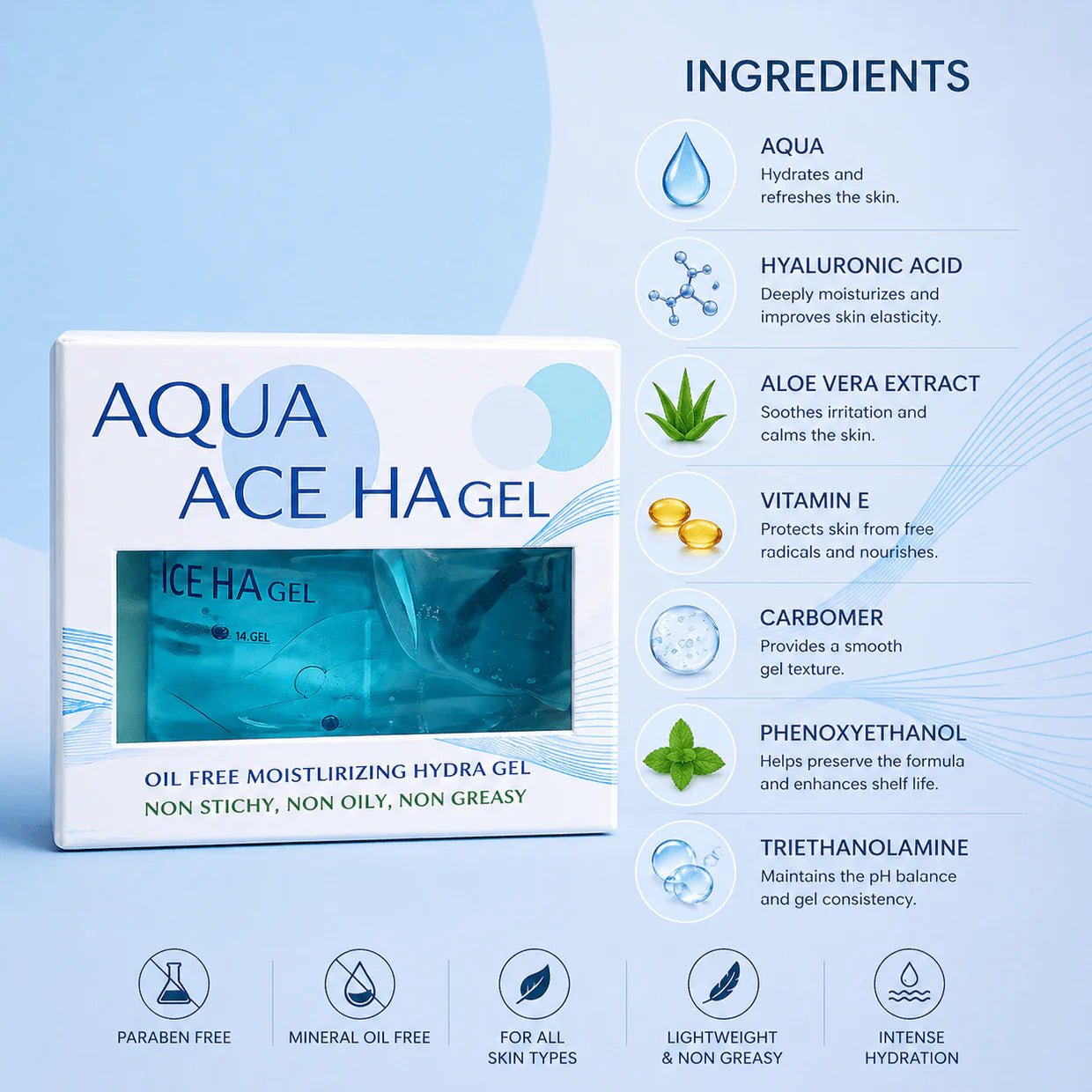 AQUA ACE HA Gel with Hyaluronic Acid for Deep Hydration, Soft & Plump Skin
